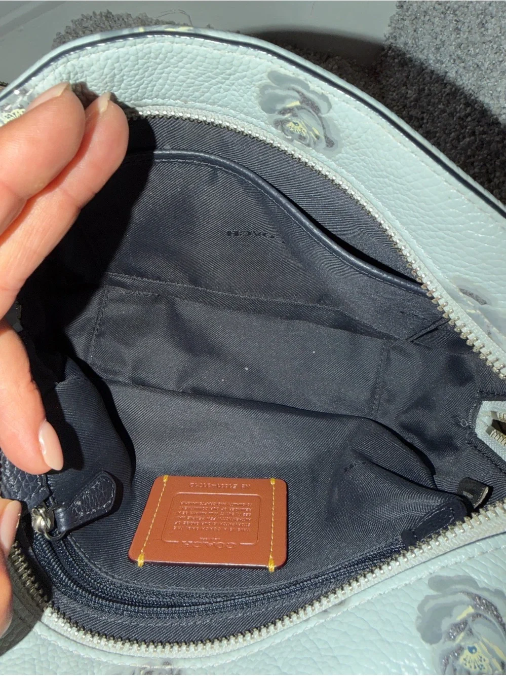 Coach Camera Bag with Rose Print, crafted from polished pebble leather.